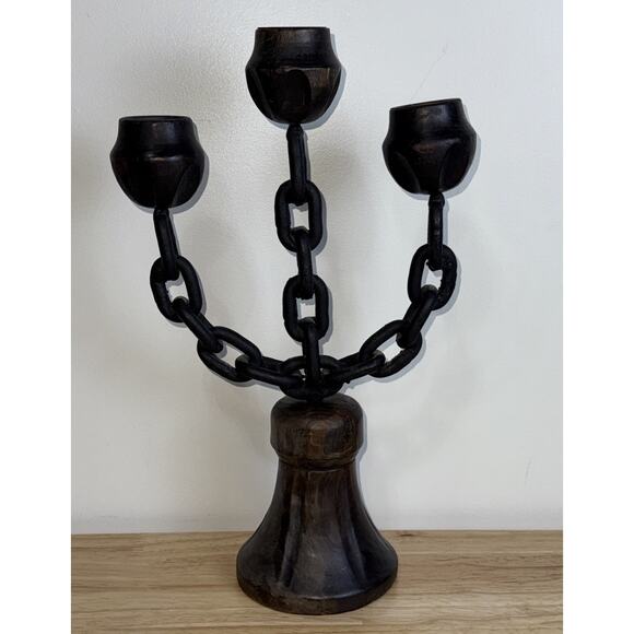 Iron Chain Carved Wood Bell Candle Holders Candelabra Gothic Medieval 13.5” - Picture 1 of 10